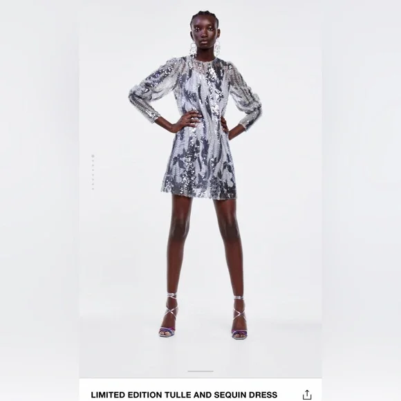 sequin dress with tulle zara ZARA FLORAL TULLE KNIT SEQUIN DRESS XS (0-2)